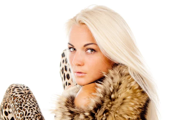 Beautiful blonde girl posing with fur on his neck, portrait — Stock Photo, Image