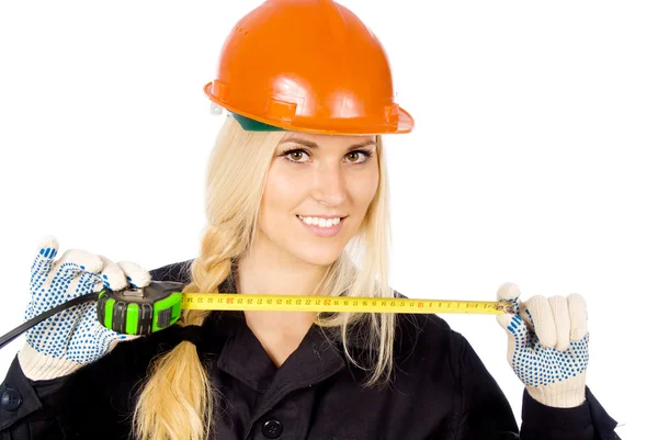 Beautiful girl Builder keep roulette — Stock Photo, Image