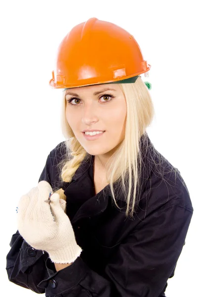 Gyönyörű lány Builder tartani a csavarhúzó — Stock Fotó