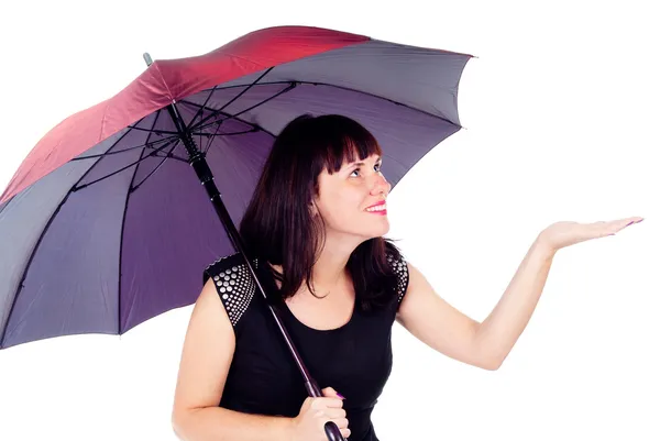 Belle fille sous le parapluie de chèques pluie — Photo