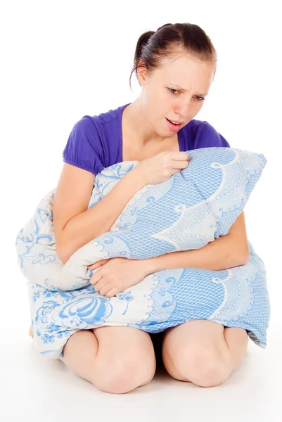 The sick girl was sitting with a pillow — Stock Photo, Image