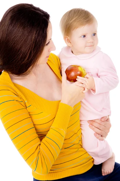 Mom and little boy lead the healthy way of life, and eat apples — Stock Photo, Image