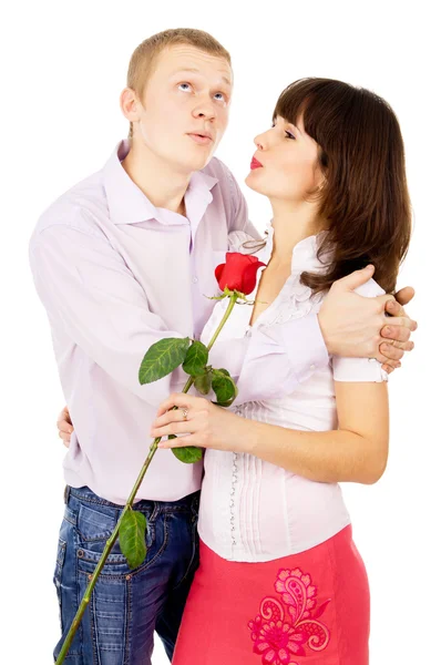 La chica agradeció al tipo por la rosa. — Foto de Stock