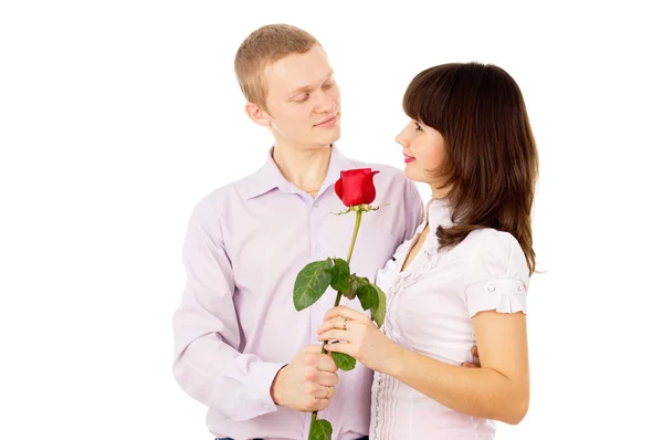 Il ragazzo fa una proposta alla ragazza con la rosa. — Foto Stock