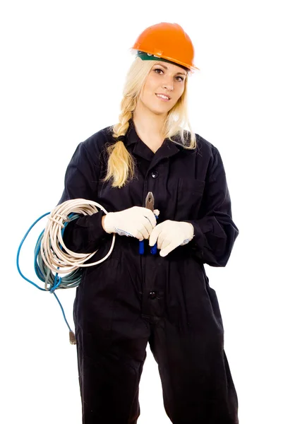 Beautiful girl Builder keep the wire — Stock Photo, Image