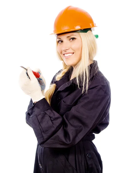 Beautiful girl Builder keep the screwdriver — Stock Photo, Image