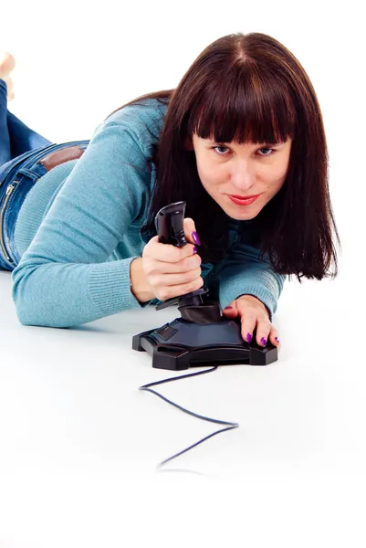 Beautiful girl excitedly, playing video games — Stock Photo, Image