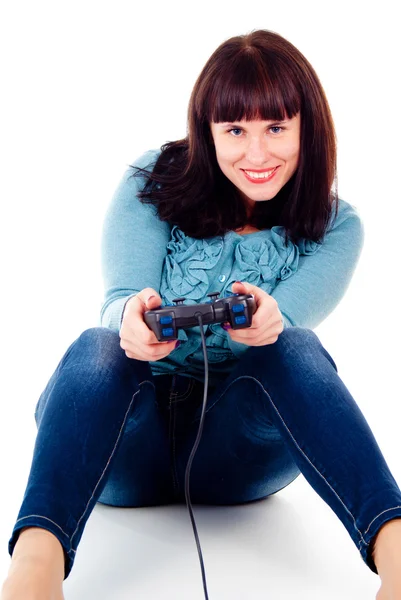 Hermosa chica feliz, jugando videojuegos — Foto de Stock