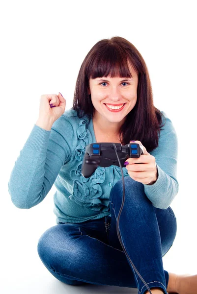 Beautiful girl happy, playing video games — Stock Photo, Image