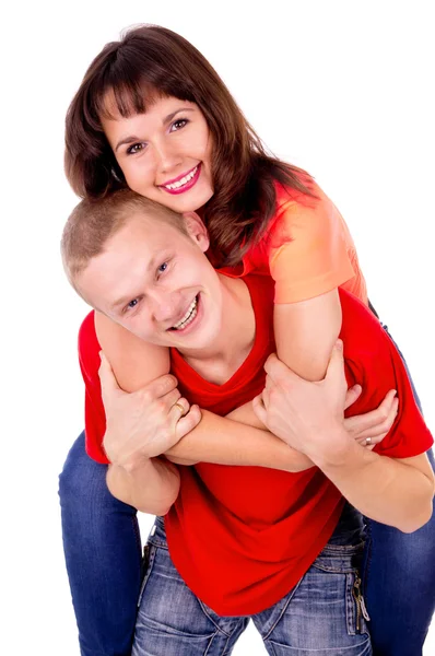 A happy family, a couple, the husband shows good — Stock Photo, Image