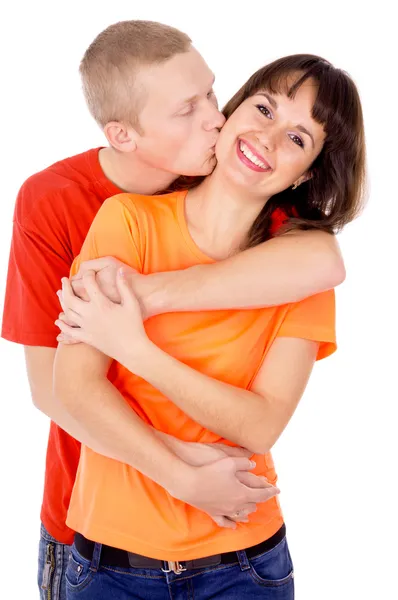 Happiest guy hugs and kisses girl — Stock Photo, Image