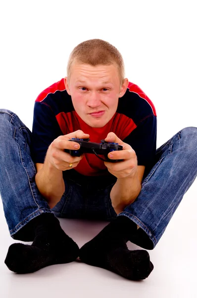 El chico emocionado jugando videojuegos — Foto de Stock