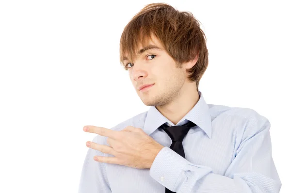 A handsome guy removes dandruff, dressed in a shirt and tie — Stock Photo, Image