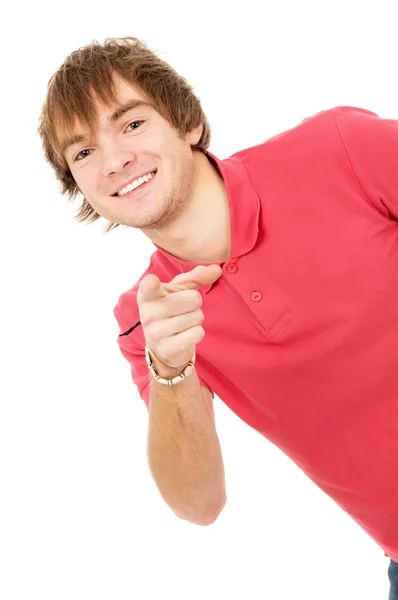 Beautiful guy Peeps and points to you — Stock Photo, Image