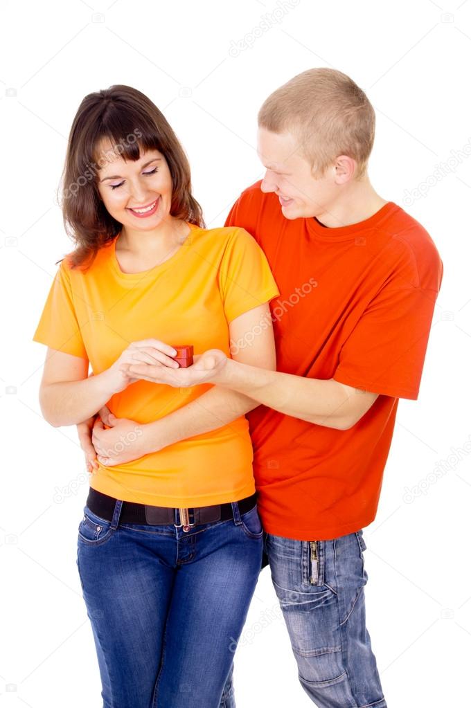 Beautiful boy gives girl gift — Stock Photo © iliyha12 16795991