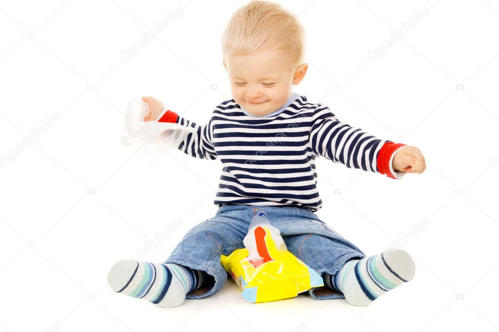 The little boy gets the wet wipes, and is played