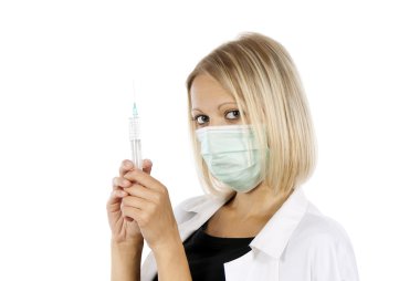 Doktor kız bir şırınga ve maske
