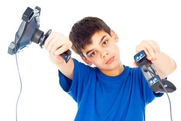 Boy with two joysticks plays — Stock Photo, Image