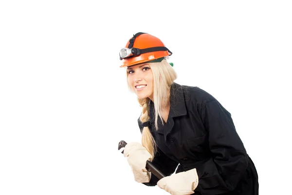 Builder girl in a helmet with a key — Stock Photo, Image