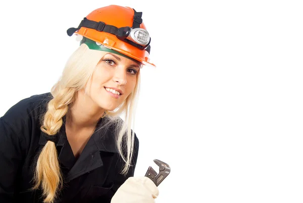 Builder of girl peeps — Stock Photo, Image