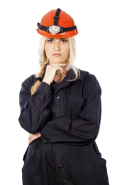 Construction in the helmet thinking — Stock Photo, Image