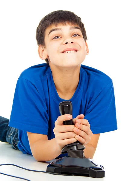 Funny guy plays with a joystick — Stock Photo, Image