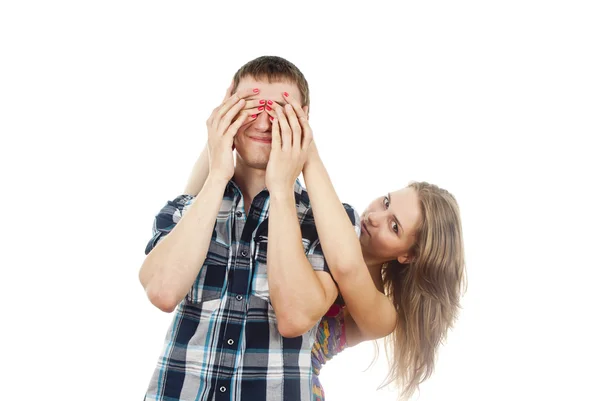 Girl closes her eyes guy — Stock Photo, Image