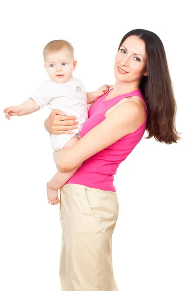 Bebé sentado en sus manos madre — Foto de Stock