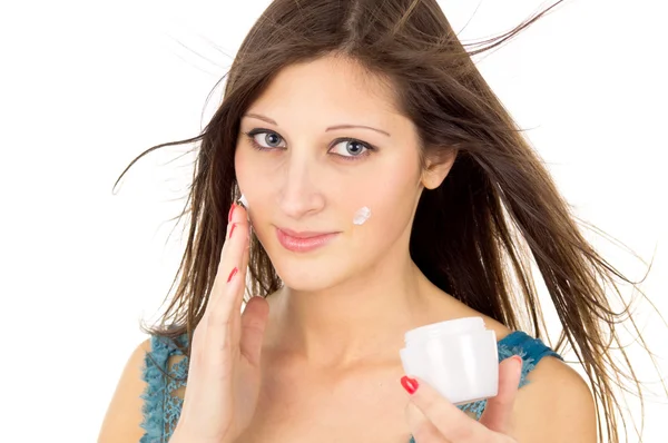 Beautiful girl with a can of cream — Stock Photo, Image