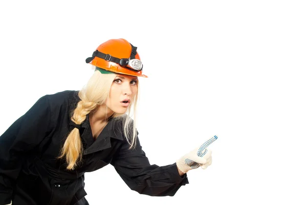 Girl points out a hand builder — Stock Photo, Image