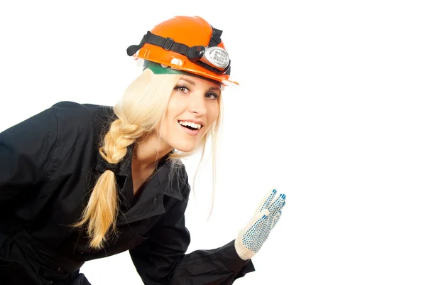 Girl welcomes the builder — Stock Photo, Image