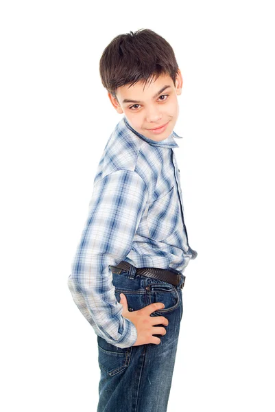 Yakışıklı çocuk bir gömlek izole standları — Stok fotoğraf