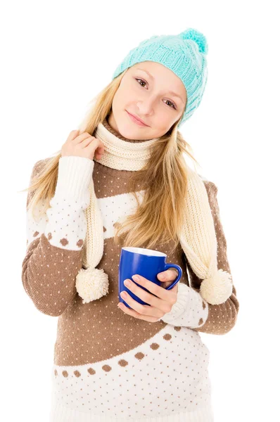 Menina feliz com uma caneca — Fotografia de Stock