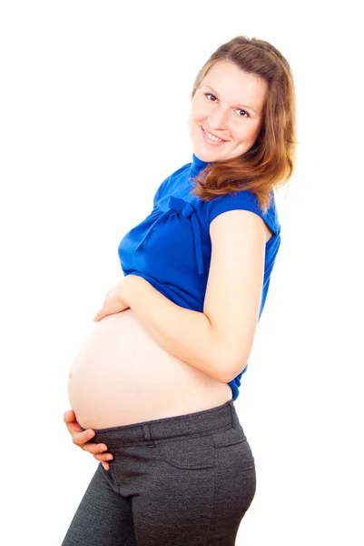 快乐怀孕的女孩，摸她的肚子 — 图库照片