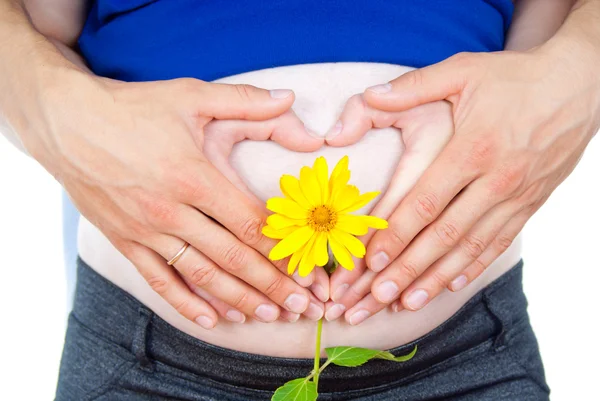 Corazón en una barriga embarazada fuera de las manos — Foto de Stock