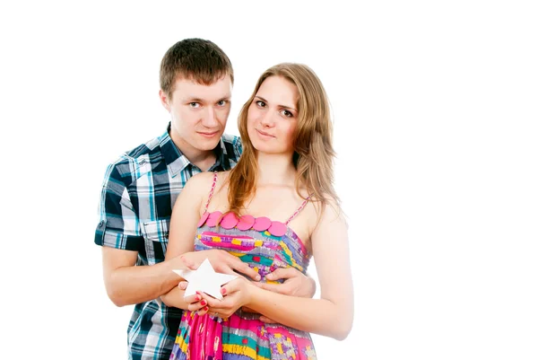 In love with guy with a girl holding a star — Stock Photo, Image