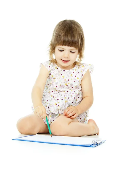 Disegno bambina con matita su sfondo bianco — Foto Stock