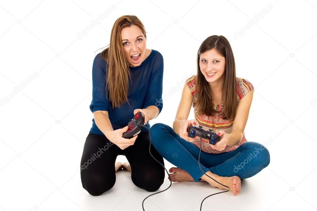 girls play on the joysticks