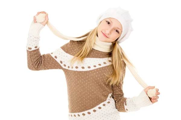 Girl in a cap and scarf isolated — Stock Photo, Image