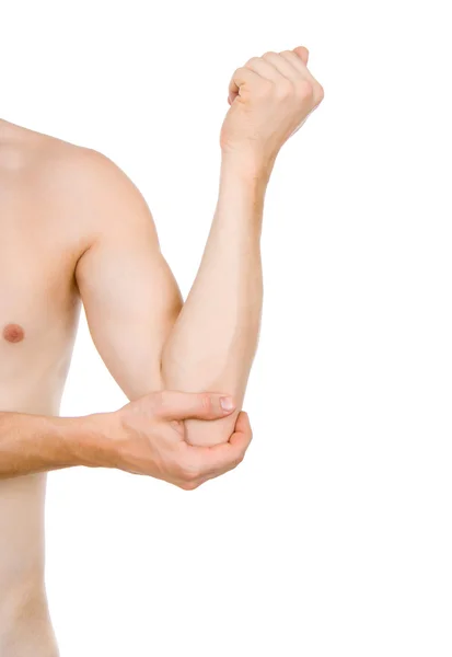 Torso masculino, dolor en el codo Fotos de stock libres de derechos