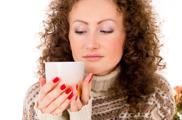 Portrait of a girl in a sweater and a mug — Stock Photo, Image