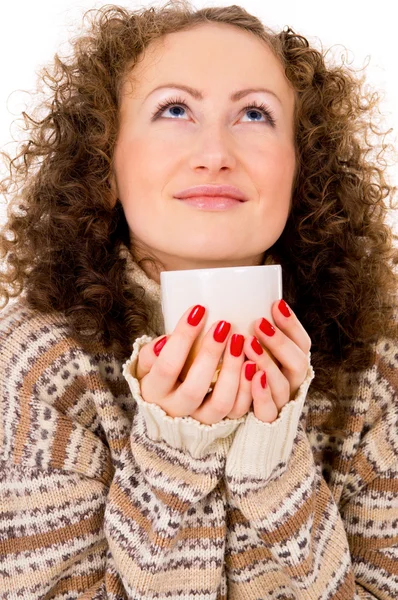 お茶のマグとセーターの少女の肖像画 — ストック写真