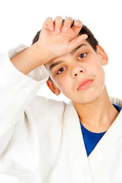 Portrait of a tired guy wipes the sweat — Stock Photo, Image