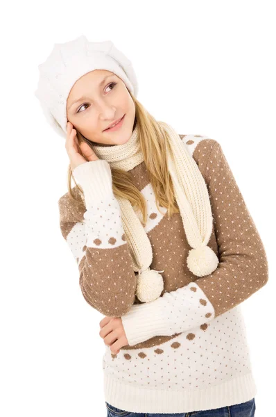 Teen girl thought the cap and scarf isolated — Stock Photo, Image