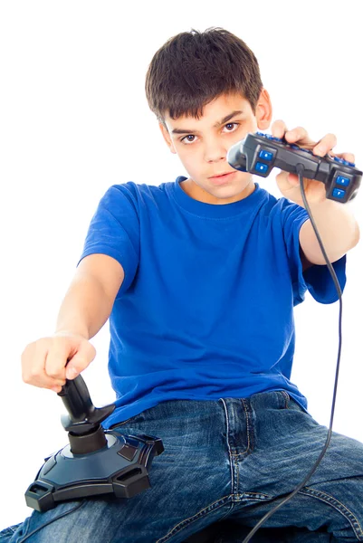 Boy sitting with two joysticks — Stock Photo, Image