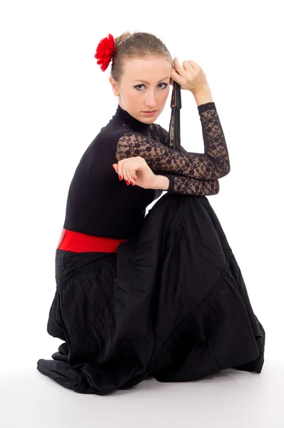 카르멘 소녀 드레스와 고립 된 팬 — 스톡 사진