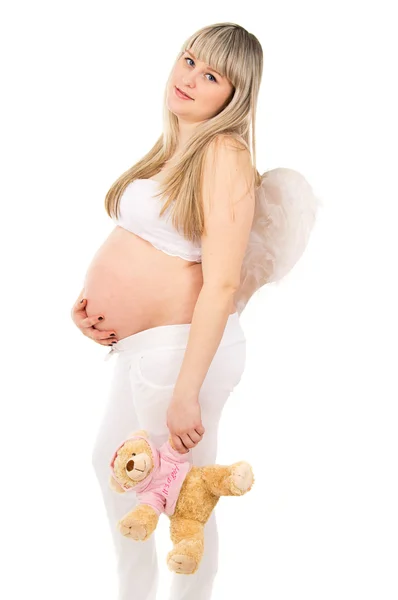 Mulher grávida feliz na carne, um anjo — Fotografia de Stock