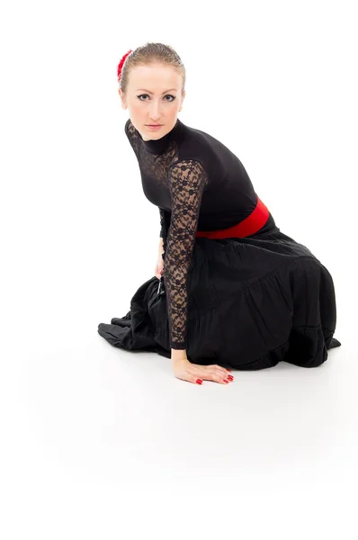 Chica en un vestido con un ventilador Carmen y aislado Imagen de stock