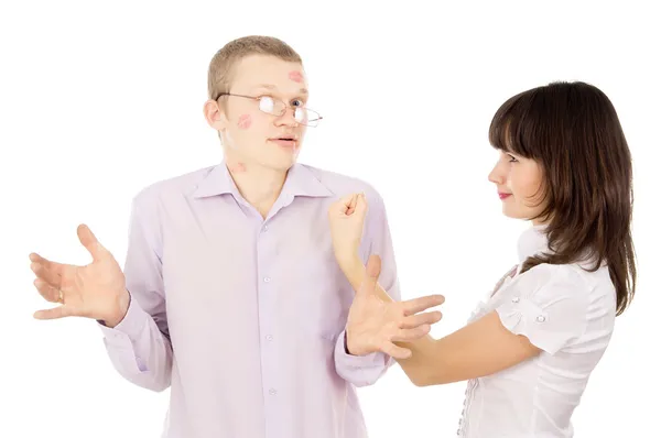 She swears by her guy, but he pretends that did not guilty — Stock Photo, Image