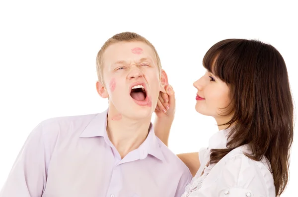 The girl gets angry, pulls his guy for ear — Stock Photo, Image